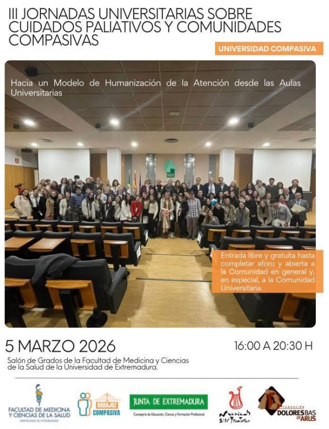 Badajoz acoge el 5 de marzo la III Jornada universitaria sobre cuidados paliativos y comunidades compasivas