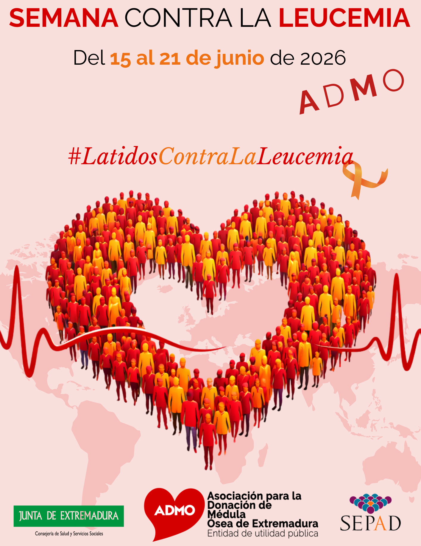 Cartel Semana Contra la Leucemia 2026 – 1 ADMO llena Extremadura de actividades para visibilizar la leucemia y promover la donación de médula ósea